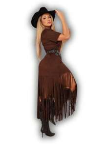 COUNTRY SUEDE RODEIO FRINGE DRESS P TO GG - Rỉ Nâu - Xem 3
