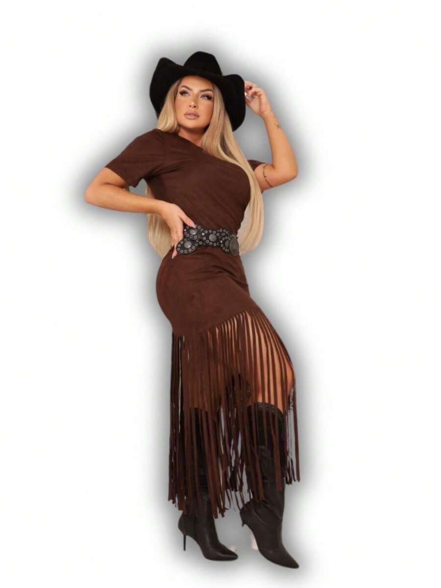 COUNTRY SUEDE RODEIO FRINGE DRESS P TO GG - Rỉ Nâu - Xem 1