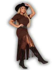 COUNTRY SUEDE RODEIO FRINGE DRESS P TO GG - Rỉ Nâu - Xem 4