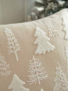 1pc Christmas Beige Color Christmas Tree Embroidered Cushion Cover, For Indoor Decoration, Christmas Decorative Pillow Cover (Without Insert)