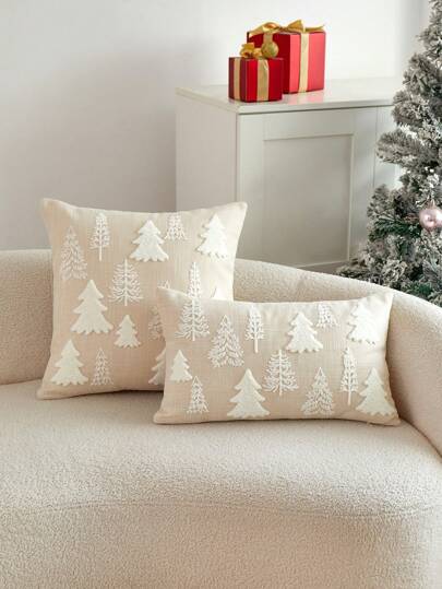 1pc Christmas Beige Color Christmas Tree Embroidered Cushion Cover, For Indoor Decoration, Christmas Decorative Pillow Cover (Without Insert)