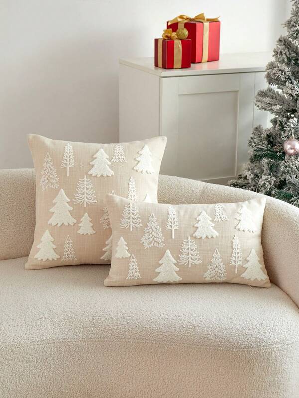 1pc Christmas Beige Color Christmas Tree Embroidered Cushion Cover, For Indoor Decoration, Christmas Decorative Pillow Cover (Without Insert)