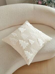 1pc Christmas Beige Color Christmas Tree Embroidered Cushion Cover, For Indoor Decoration, Christmas Decorative Pillow Cover (Without Insert)