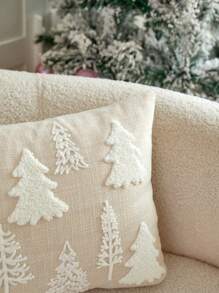 1pc Christmas Beige Color Christmas Tree Embroidered Cushion Cover, For Indoor Decoration, Christmas Decorative Pillow Cover (Without Insert)