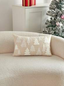 1pc Christmas Beige Color Christmas Tree Embroidered Cushion Cover, For Indoor Decoration, Christmas Decorative Pillow Cover (Without Insert)