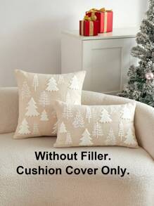 1pc Christmas Beige Color Christmas Tree Embroidered Cushion Cover, For Indoor Decoration, Christmas Decorative Pillow Cover (Without Insert)