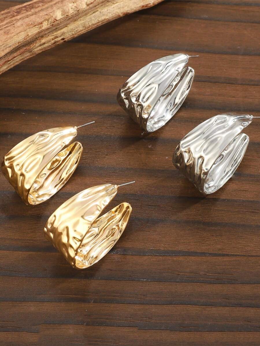 1 对时尚、优雅、复古、独特、高端设计不对称折痕 C 形金属耳环，适合女士 - 金色 - 查看 1