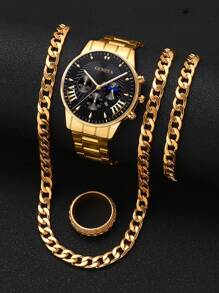 Conjunto de 4 piezas: Reloj de pulsera de cuarzo de puntero redondo de lujo para hombre, con collar, pulsera y anillo, conjunto de relojes para hombre