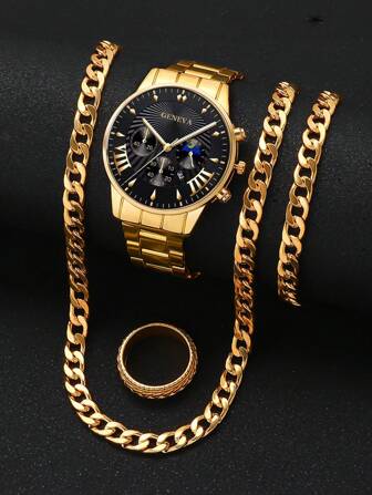 4st Set: Fashion Luxury Herr Rund Pointer Quartz Armbandsur, Med Halsband, Armband Och Ring, Herrklocka Set