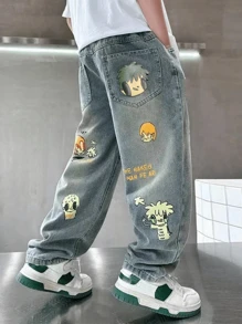 Teen Boy Middle And Large Jeans Spring And Autumn New Cartoon Print Loose Street Cool Daddy Pants Trousers