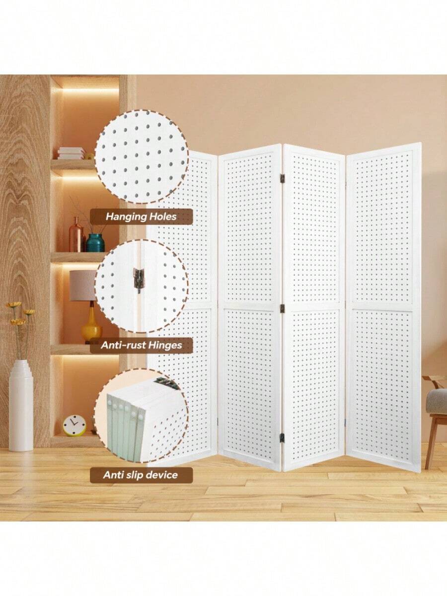 4 Panel Room Divider, 5.6Ft Pegboard Display Wooden Room Divider