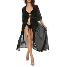 Women's Swimwear Cover Ups With Drawstring Open Front Beach Bikini Swimsuit Kimono Coverup Beachwear - 黑色 - 查看 3