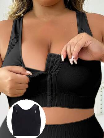 Women's Plus Sports Bra Plus Size Wireless Bra Solid Front Closure Full Cover Racer Back Bralette Women's Lingerie Underwear