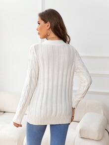 DEARCASE Cable Knit Dual Pocket Button Front Cardigan - White - View 2