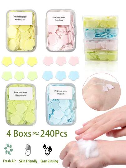 4 Boxes Of About 240 Pieces Of Different Scented Portable Soluble Lauroyl Alanine Petal Soap Paper, Perfect For Daily Life, Travel, Camping And Outdoor Activities, Small And Convenient To Put Into Pockets, Backpacks, Desks. Very Suitable As A Unique Gift For Classmates, Friends, Colleagues Or Family Members.