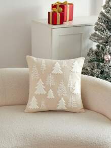 1pc Christmas Beige Color Christmas Tree Embroidered Cushion Cover, For Indoor Decoration, Christmas Decorative Pillow Cover (Without Insert)