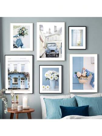 1 件复古汽车摩托车自行车花朵街道门北欧海报蓝色印刷帆布画墙壁艺术画适用于客厅装饰无框架