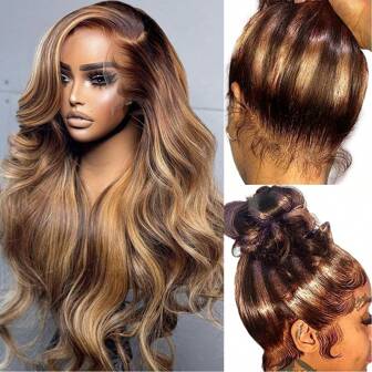 360 Highlight Ombre Lace Front Wigs Human Hair Honey Blonde Body Wave Lace Front Wig Pre Plucked 360 Transparent Lace Front Human Hair Wigs For Women 4/27 Colored Wig