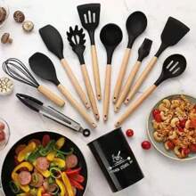 Kitchen Set Kit With 12 Pieces Premium Silicone Utensils And Cup Holder With Wooden Handle -JE001 - 薄荷藍 - 查看 2