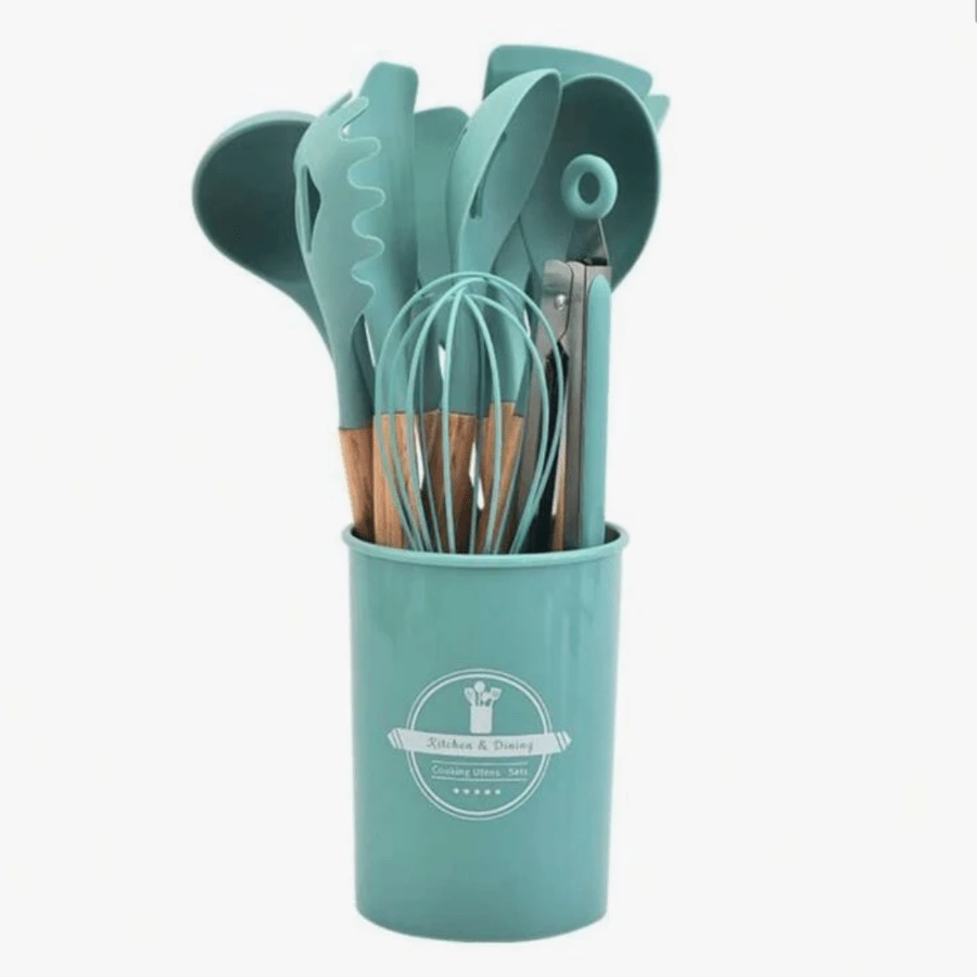 Kitchen Set Kit With 12 Pieces Premium Silicone Utensils And Cup Holder With Wooden Handle -JE001 - 薄荷藍 - 查看 1