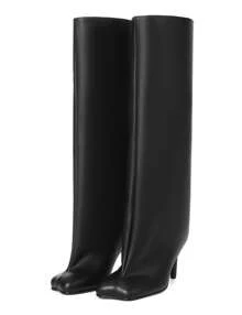 Knee High Boot Square Toe Kitten Heel Stiletto Heeled Boots For Woman Wide Calf Long Boots Heeled Slouchy Formal Shoes Winter Tall Boots For Women - 黑色 - 查看 1