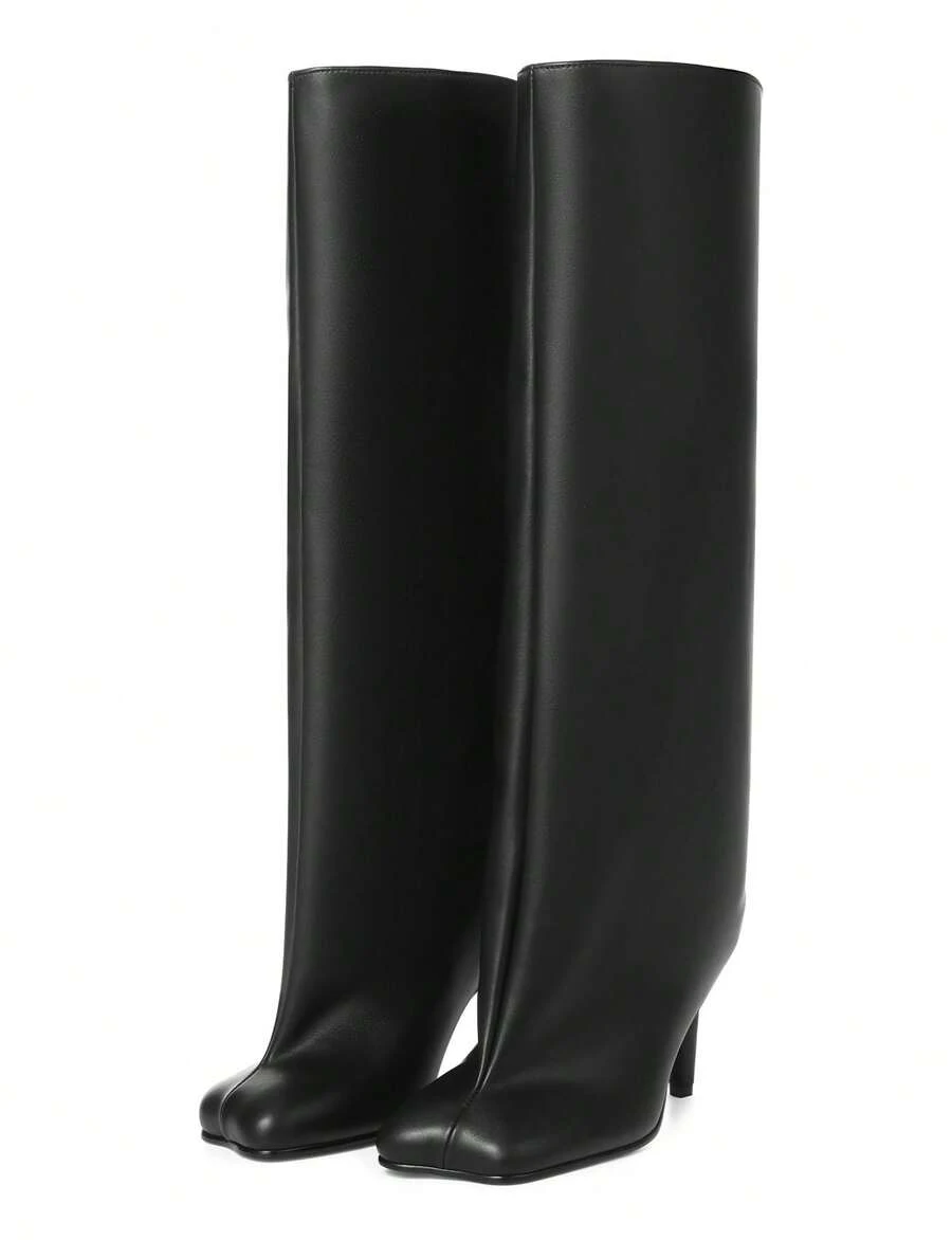 Knee High Boot Square Toe Kitten Heel Stiletto Heeled Boots For Woman Wide Calf Long Boots Heeled Slouchy Formal Shoes Winter Tall Boots For Women - 黑色 - 查看 1