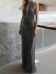 Women's Sexy Deep V-Neck Satin Backless Halter Patchwork Dress - Grey - View 3