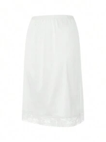 Womens Half Slips Underskirt Elastic High Waist Solid Color Satin Half Slips For Under Dresses Skirt Lace Hem Skirt Extender - trắng - Xem 2