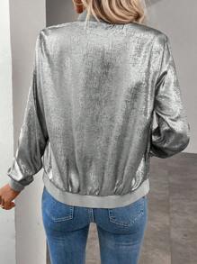 Keke Bloomly Women's Lightweight Long Sleeve Zip-Up Casual Jacket, Shiny Metallic Fabric, Fashion Versatile For Work, Travel, Casual Wear - Silver - View 3