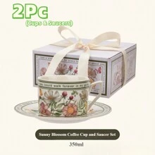 2 件陶瓷咖啡杯碟套装，瓷器茶具，高端骨瓷茶具，包括带有完美印花图案的杯子和碟子，是送给朋友、妈妈、爸爸、男朋友、女朋友的理想礼物，优雅的花卉设计茶杯和碟子，卡布奇诺、拿铁杯，非常适合家庭、办公室、派对、生日、婚礼返校礼物