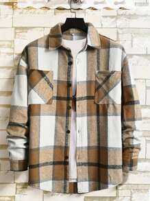 大码男式休闲格子拼布口袋落肩宽松长袖衬衫 - 卡其色 - 查看 2