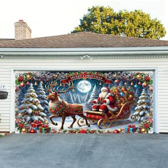 Vrolijke Kerst Garage Banner - Schattig Kerstman, Hert & Boom Ontwerp | Polyester Buitendecoratie Voor Huis, Muur & Tuin | 180.34cm X 3.99meter