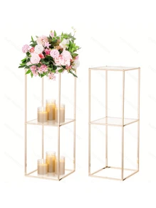 Gold Flower Stand For Centerpieces: 2-Layer 31.5 Inch Tall Stand Pedestal Table With Acrylic Panel Metal Floor Vases Cylinder Stands For Wedding Centerpiece Party Decoration, Halloween And Christmas Decorations - Vàng - Xem 1