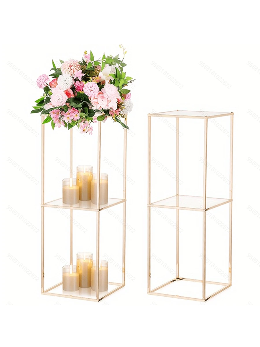 Gold Flower Stand For Centerpieces: 2-Layer 31.5 Inch Tall Stand Pedestal Table With Acrylic Panel Metal Floor Vases Cylinder Stands For Wedding Centerpiece Party Decoration, Halloween And Christmas Decorations - Vàng - Xem 1