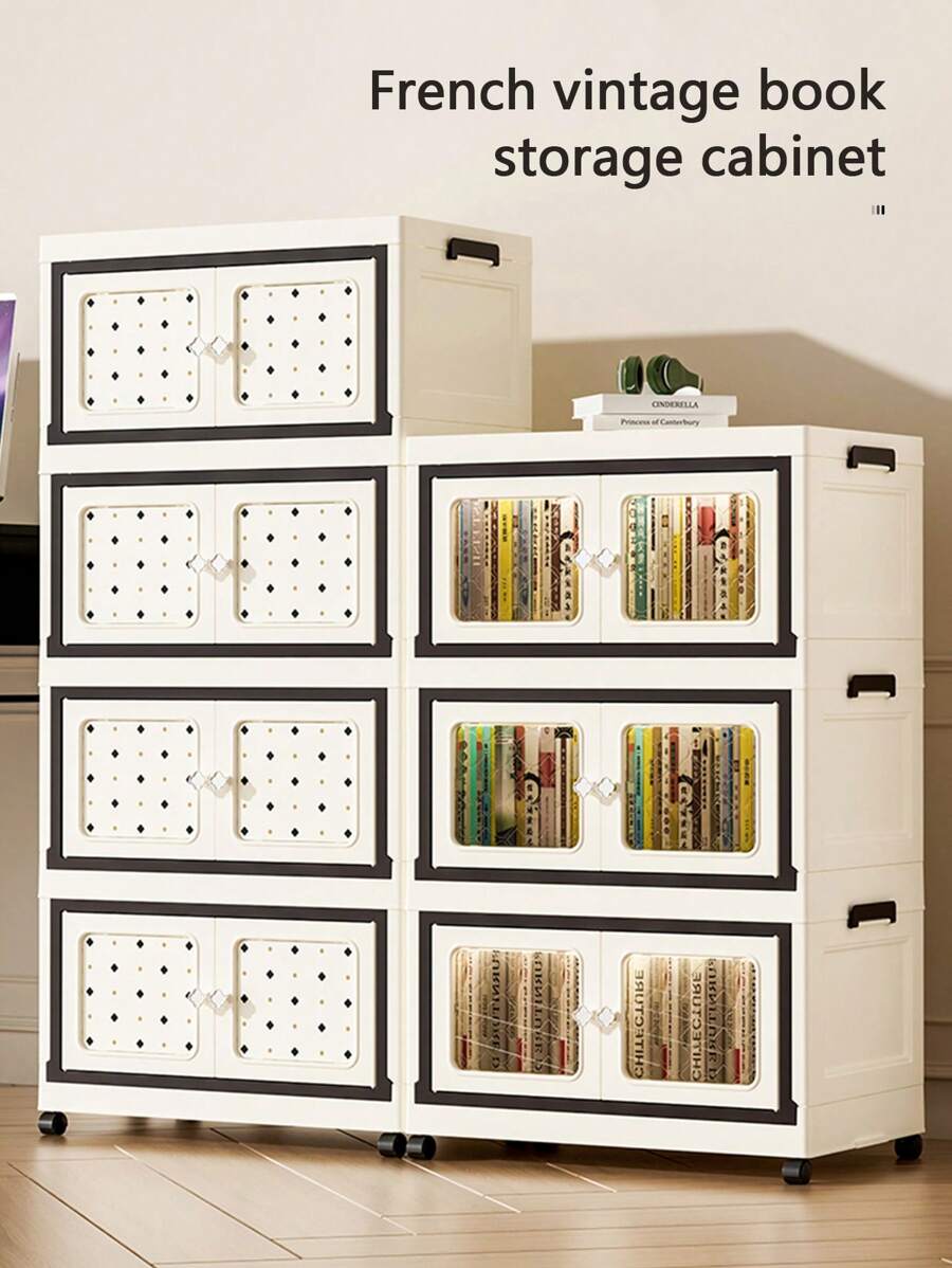 1 pieza Gabinete de almacenamiento plegable multicapa, contenedor de almacenamiento apilable con puerta magnética y ruedas, gabinete de almacenamiento de plástico de fácil instalación, puerta doble transparente, almacenamiento multifuncional, ahorra espacio, para libros, ropa, juguetes, almacenamiento de varios usos, almacenamiento de armario - Multicolor - Ver 1