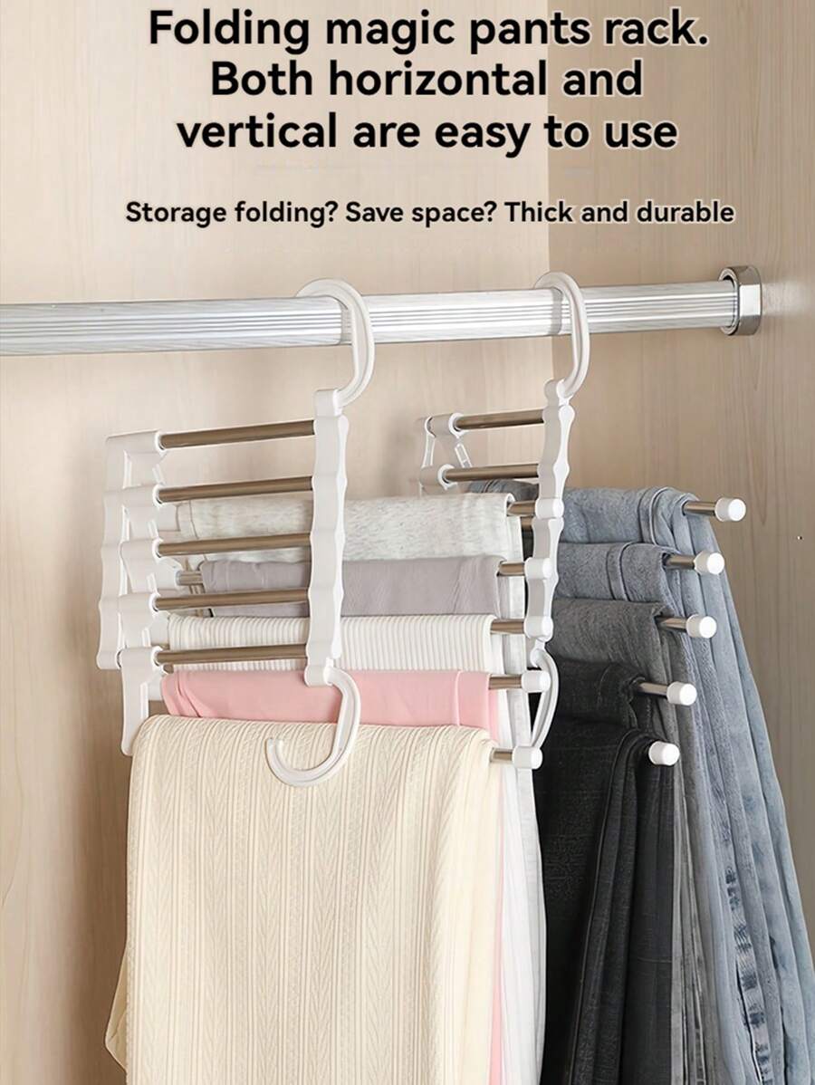 1 Giá treo quần bằng thép không gỉ 5 lớp có thể gập lại, Giá treo quần áo chống trượt đa chức năng, Giá treo quần Magic Trace-Free để cất giữ trong tủ quần áo