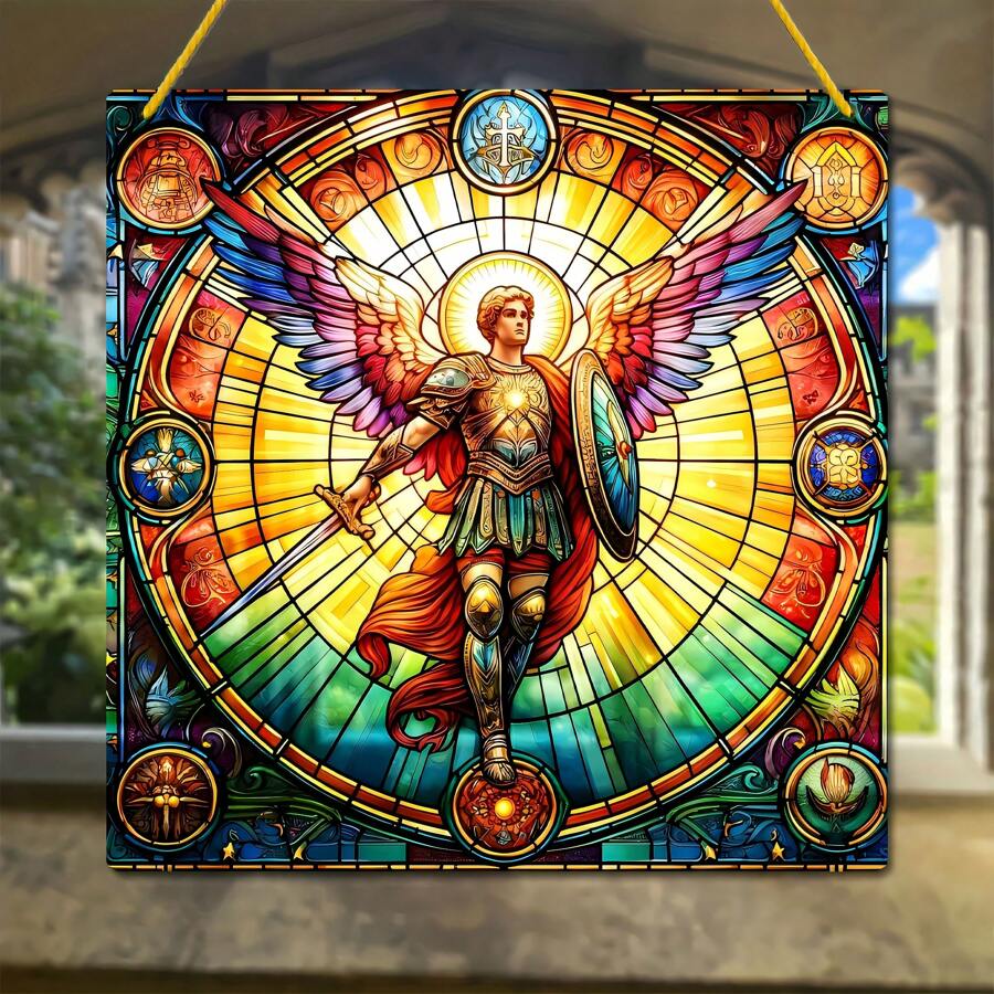 1 cái Archangel Michael hai mặt Acrylic Suncatcher - 8x8 inch treo cửa sổ đầy màu sắc cho trang trí nhà cửa, vườn và tiệc - Quà tặng Gothic Christian - Màu vàng - Xem 1
