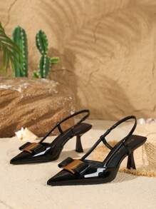 Giày cao gót thời trang nữ bằng da bóng có khóa kim loại, mũi giày kín, hở mũi, quai hậu, mũi nhọn - màu đen - Xem 4