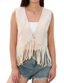 Chaleco vaquero sin mangas con flecos para mujeres, con botón único, estilo de vaquero de los años 70, hippie, con flecos - Blanco - Ver 1