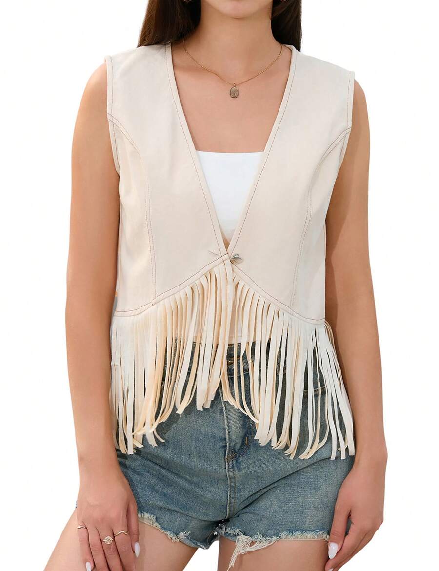 Chaleco vaquero sin mangas con flecos para mujeres, con botón único, estilo de vaquero de los años 70, hippie, con flecos - Blanco - Ver 1