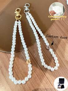 Cordón para celular con colgante de corazón de perlas falsas elegante personalizado (incluye almohadilla para la correa del teléfono) - personalizable con nombres, lemas, fechas, adecuado para regalos de cumpleaños, aniversario y uso diario