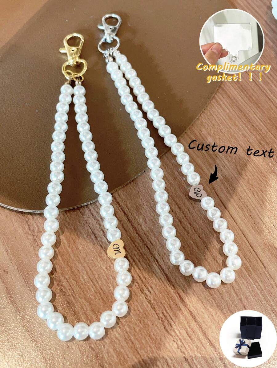 Cordón para celular con colgante de corazón de perlas falsas elegante personalizado (incluye almohadilla para la correa del teléfono) - personalizable con nombres, lemas, fechas, adecuado para regalos de cumpleaños, aniversario y uso diario