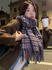 1 件男士格子围巾，优质舒适保暖厚针织围脖，时尚百搭，适合秋冬季 - 紫色 - 查看 2