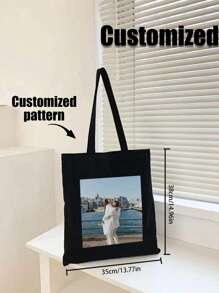 1 pieza Bolso de tela plegable personalizado - Reutilizable, ligero, elegante y bolso de hombro con correa de hombro fija, ligero, gran capacidad, casual, de moda, adecuado para compras al aire libre, vuelta al colegio, viajes, ideal para el transporte diario, la escuela, el trabajo y los viajes, regalo perfecto para hombres y mujeres, letra, portátil, multifuncional, versátil - Negro - Ver 4