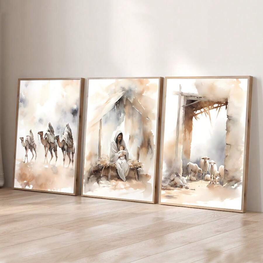 Set Of 3 Unframed Watercolor Jesus Poster Christian Xmas Festival Aesthetic Canvas Painting Print Minimalist Wall Picture For Dorm,Apartment,Living Room,Bedroom,Home Decoration,Behold The Lamb,Three Wise Men On Camels - Multicolor - View 1