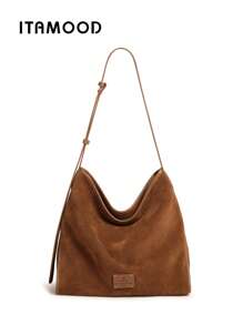 ITAMOOD 设计师简约复古奢华大容量休闲流浪包单肩斜挎包女士包 80344，秋冬 - 巧克力棕 - 查看 9