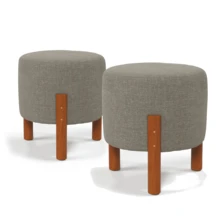 Zeus Luxury Decorative Round Pouffe With Solid Wood Feet Linen - 淺灰色 - 查看 4