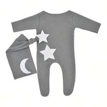 Macacão de malha decorado com estrelas e lua, chapéu com cauda longa, conjunto de duas peças, adereços de fotografia, conjunto de estúdio, vestuário, chá de bebê, presente de Páscoa, itens para meninas/meninos recém-nascidos