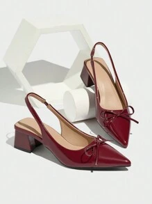 Women's Pointed Toe High Heel Pumps With Bow Decor, Slingback Chunky Heel Shoes, Elegant For Daily Commute, Party, Wedding, Formal Occasions, Suitable For Autumn/Winter, Wine Red Valentines, Elegant