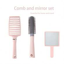 Bộ 3 lược tạo kiểu tóc tại nhà, lược chải tóc + gương vuông cổ điển, lược chải tóc tự làm tại nhà, dễ mang theo, thích hợp sử dụng tại nhà và khi đi du lịch - Hồng - Xem 1